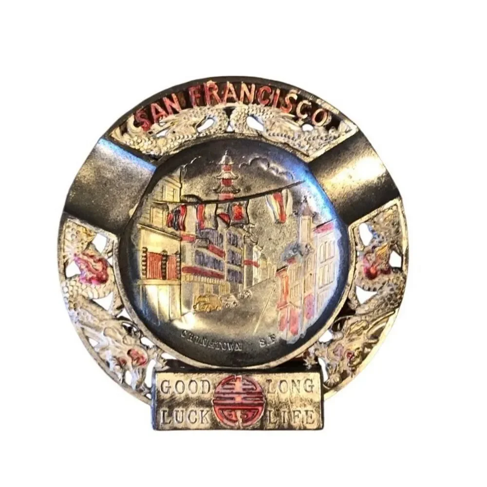 Vintage San Francisco Tin Plate Embossed Ashtray Catch All Americana Kitsch Deco